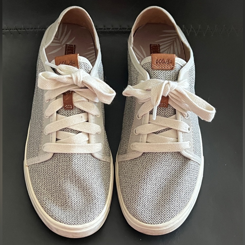 OluKai Pehuea Li Light Gray and White Knit Lace-Up Sneakers - Picture 5 of 11